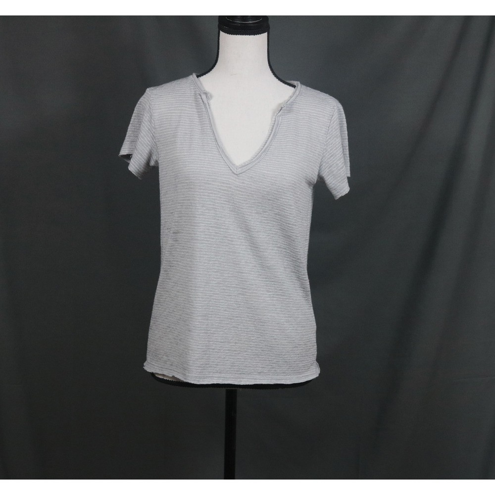 NEW PST Project Social T EVERYDAY Gray White Stripe V-Neck T-Shirt Knit Top SzS